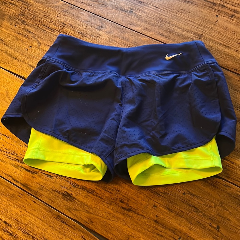Nike Dry Fit Royal Blue Shorts Lined With Lime Green Compression Tights.  SZ XS